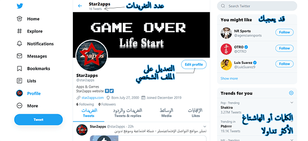 كيفية التعامل مع تويتر، شرح واجهة الموقع.